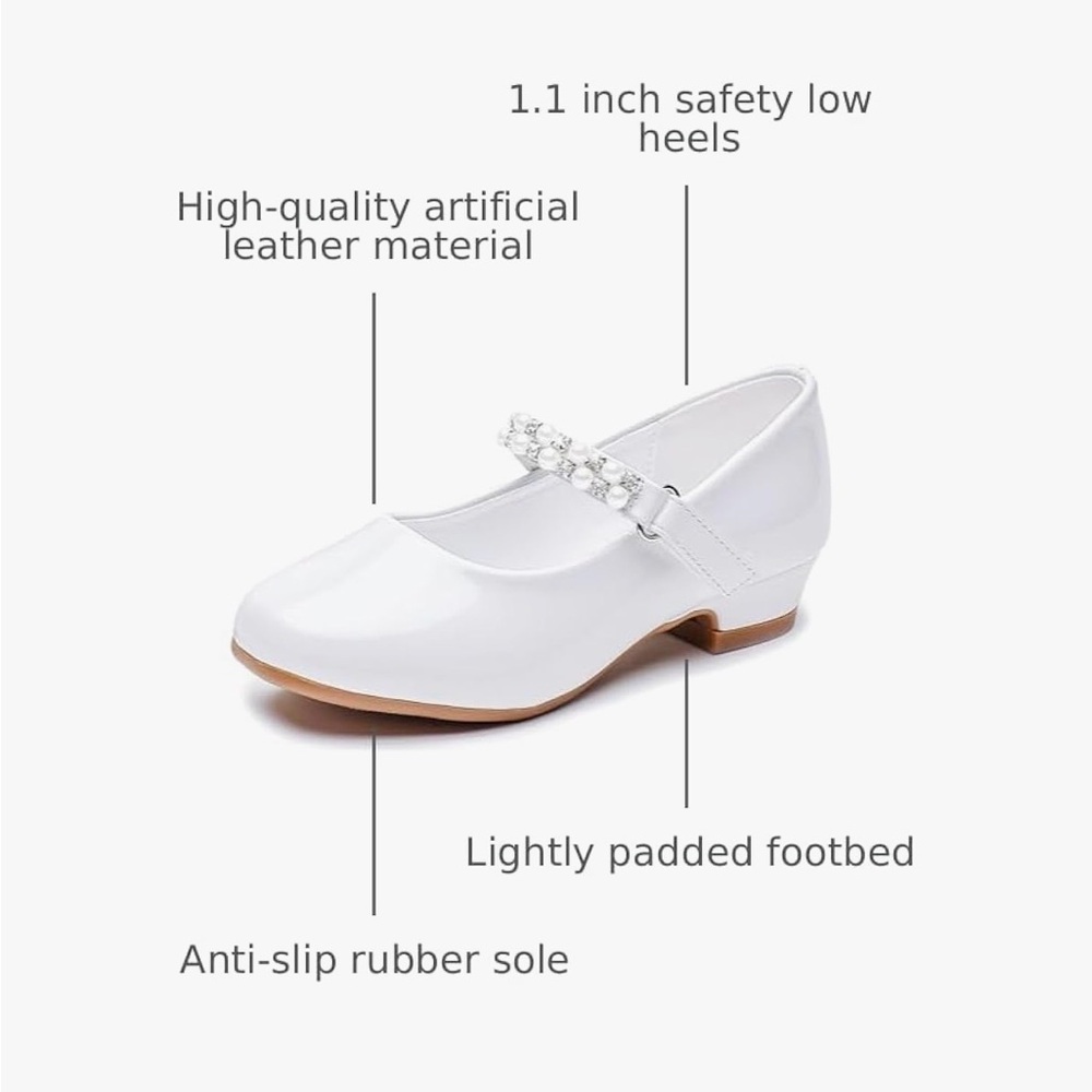 Elegant White Kids Shoes with Pearl Strap, low heel - Picture 3 of 9